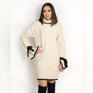 NWT J.O.A. Knit Long Sleeve Dress Cream with Black Trim Size XS
